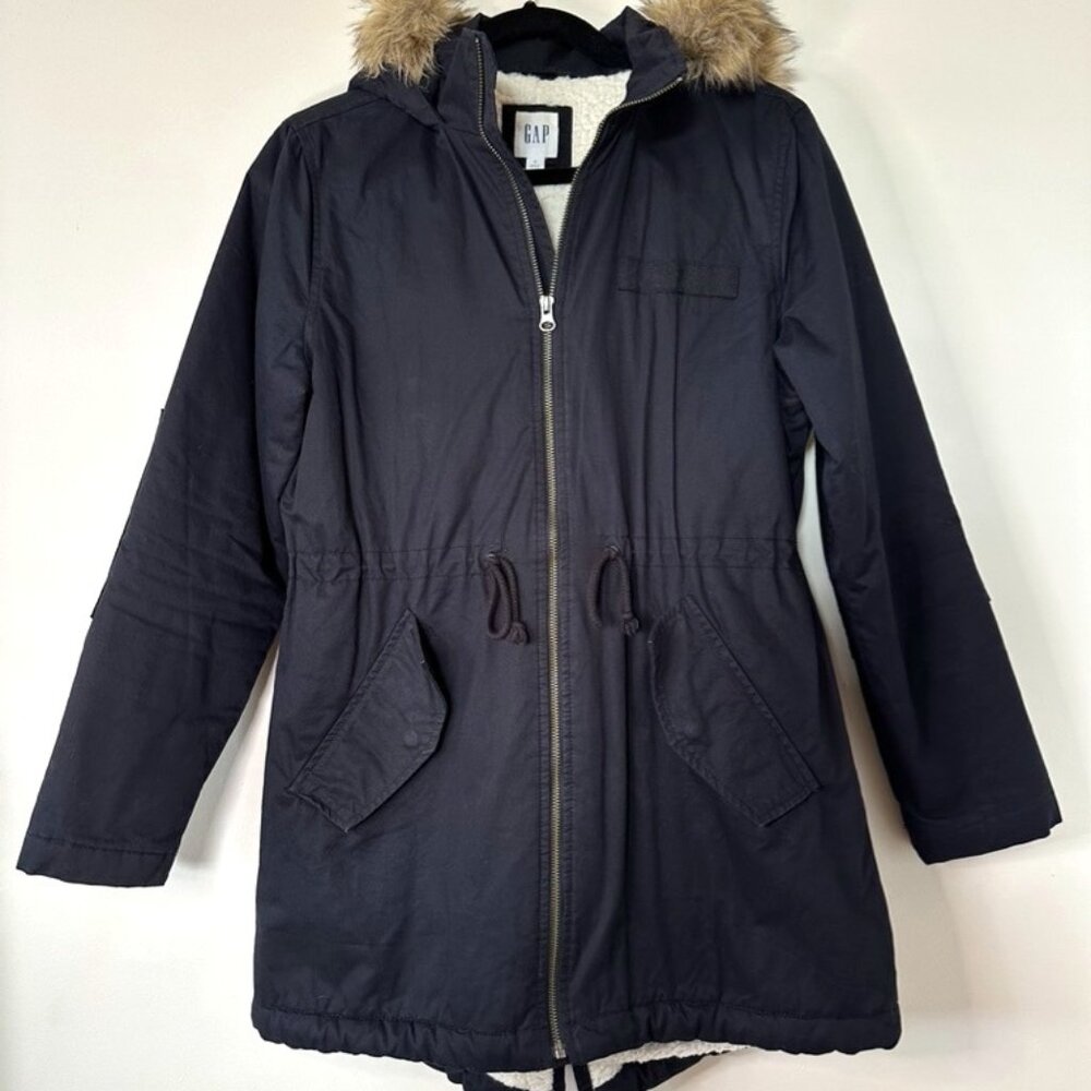 GAP, Fleece-lined utility jacket with fur hood, Navy, SIze S